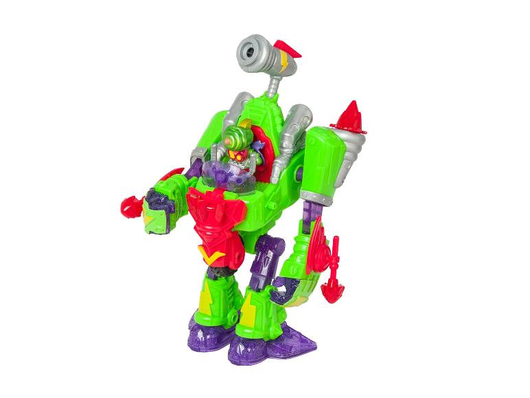 Zelená a červená robotická hračka s malou figúrkou vo vnútri, na bielom pozadí.