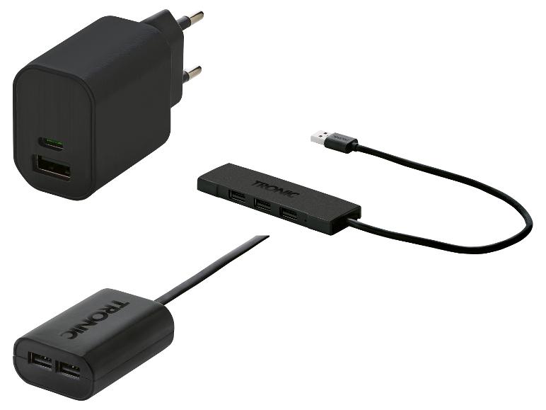 Čierny USB nabíjačka, USB rozbočovač so štyrmi portami a predlžovací kábel od TRONIC.