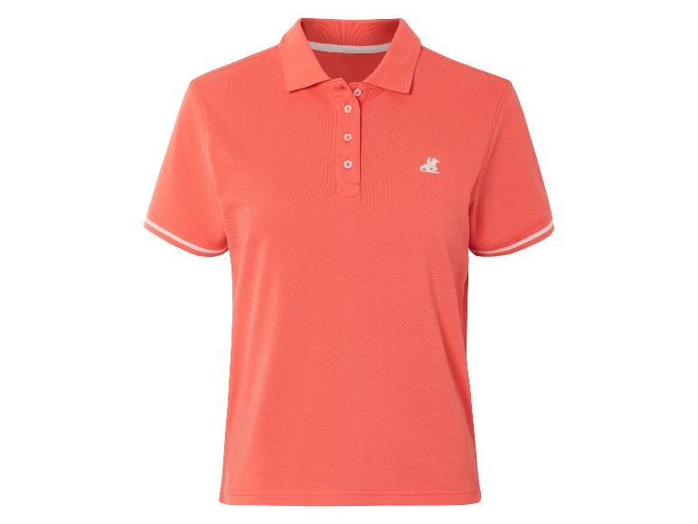Dámske koralové polo tričko, biely golier, vyšívané logo.