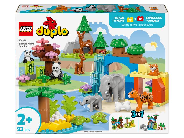 Krabička LEGO Duplo 10446 3v1 Rodiny divokých zvierat, s figúrkami zvierat a postavenými krajinkami.