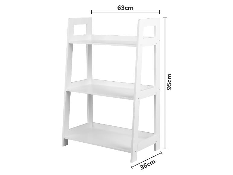 Biely 3-poschodový regál s rozmermi 63cm (šírka) x 95cm (výška) x 36cm (hĺbka).