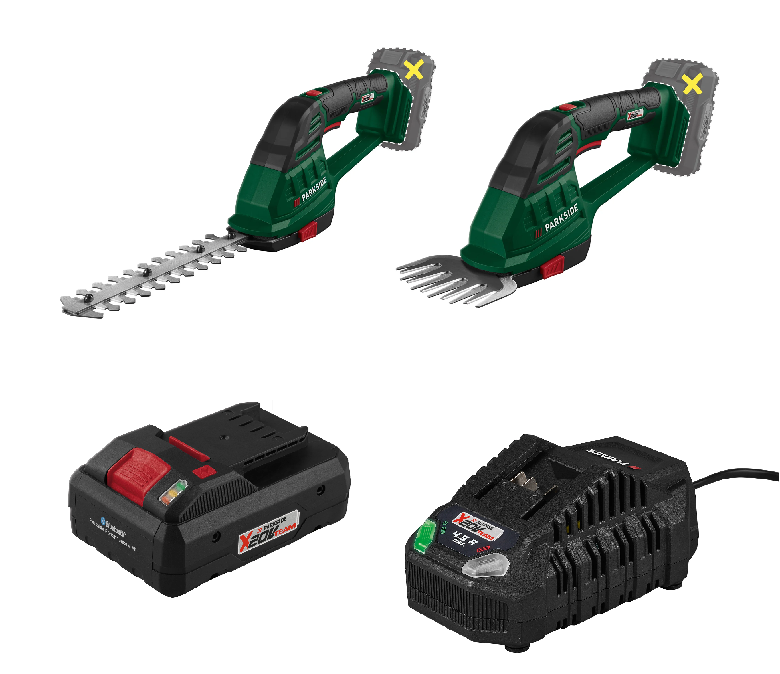 PARKSIDE® Aku nožnice na trávnik a živý plot 20 V PAGS A1 + Smart akumulátor 20 V/4 Ah + Rýchlonabíjačka akumulátora 20 V/4,5 A
