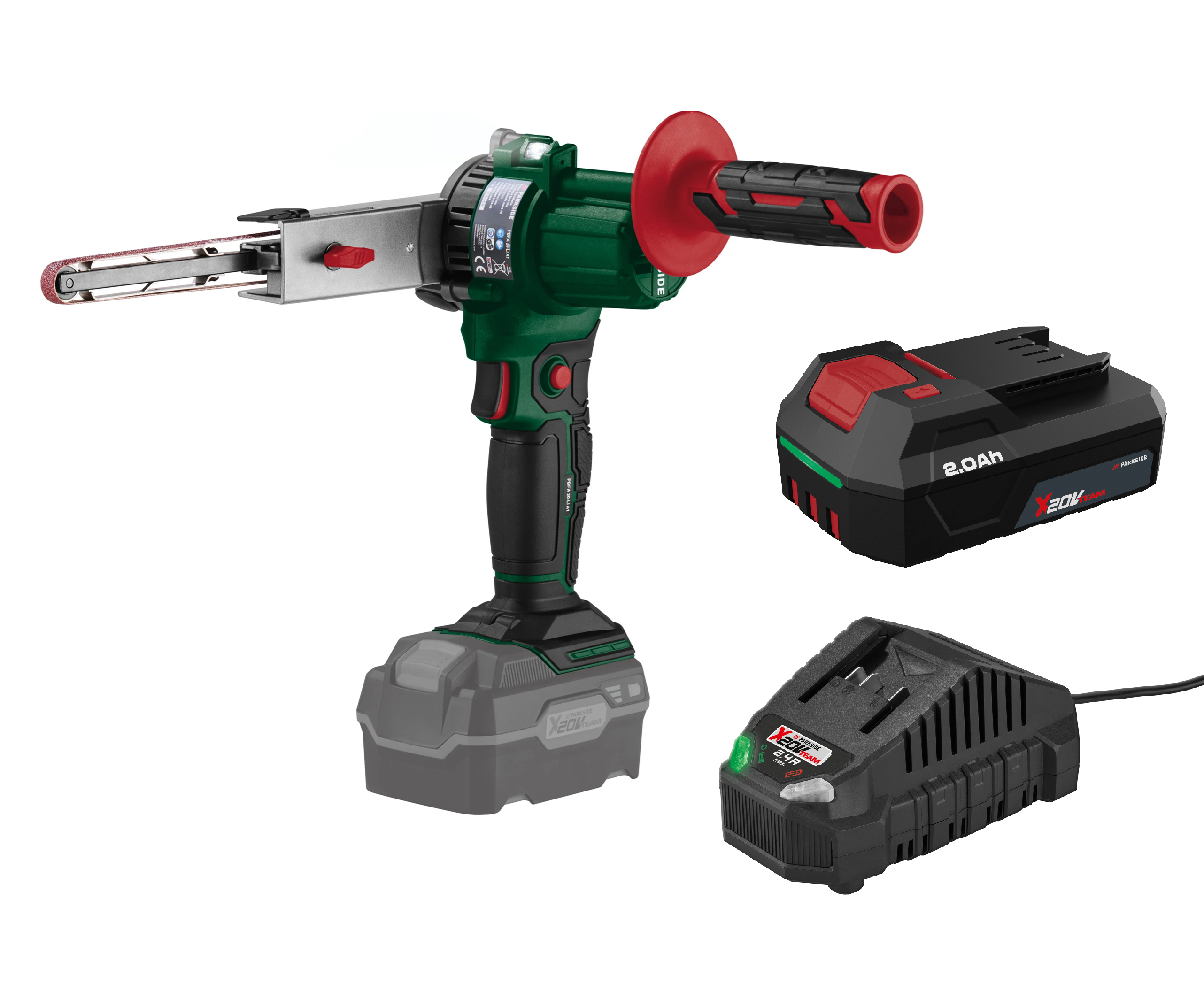 PARKSIDE® Aku pásový pilník 20 V PBFA 20-Li A1 + Akumulátor 20 V/2 Ah PAP 202 A1 + Nabíjačka na akumulátor 20 V/2,4 A PLG 20 C1