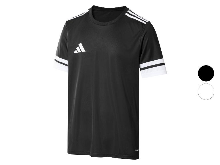 Čierny futbalový dres Adidas s bielymi pruhmi na ramenách a rukávoch a bielym logom.
