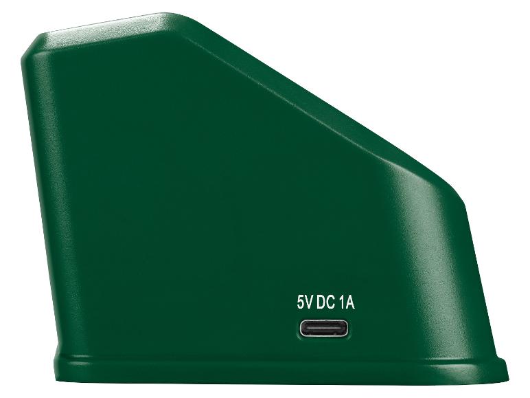 Zelené zariadenie s portom USB-C a textom „5V DC 1A“ na boku.