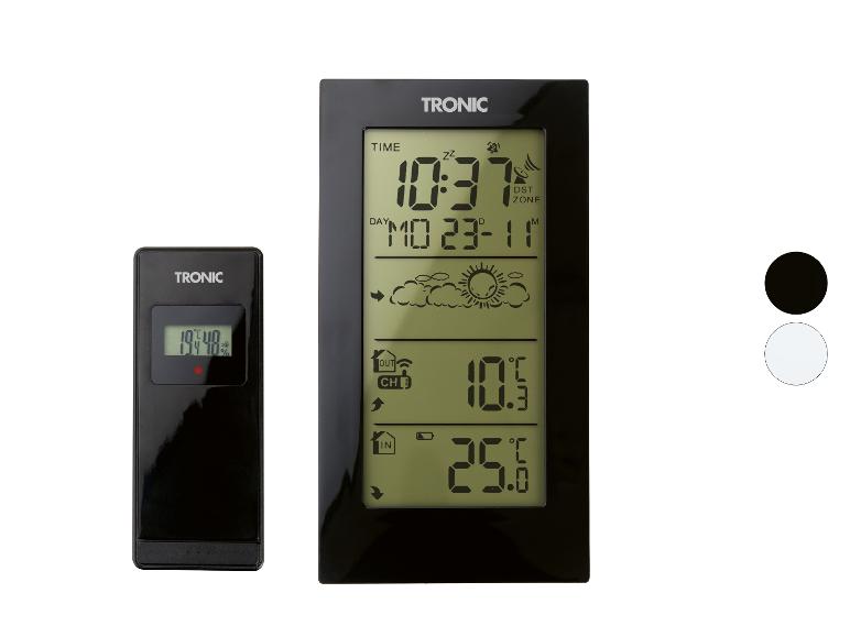 Digitálna meteostanica s LCD displejom a vonkajším senzorom, zobrazujúca teplotu a vlhkosť.