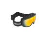 Pár čiernych lyžiarskych okuliarov so žltým a modrým reflexným sklom a nastaviteľným pásikom.