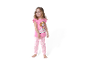 Dievča má na sebe ružové pyžamo Paw Patrol.