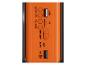 Oranžový prenosný reproduktor s USB, slotom na TF kartu, ovládaním hlasitosti a vypínačom.