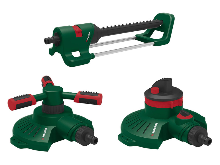 Tri zelené postrekovače Parkside pre záhradu.