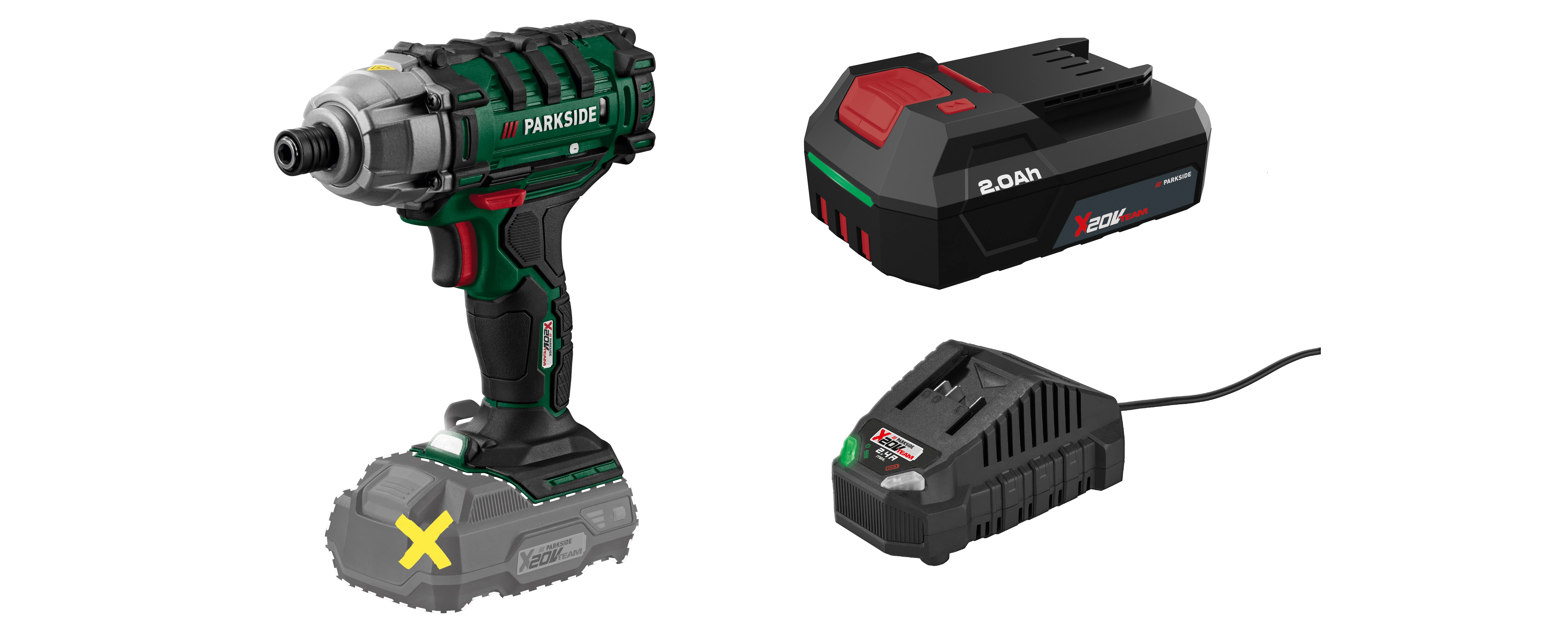 PARKSIDE® Aku rázový uťahovák PDSSA 20-Li B2 + Akumulátor 20 V/2 Ah PAP 202 A1 + Nabíjačka na akumulátor 20 V/2,4 A PLG 20 C1