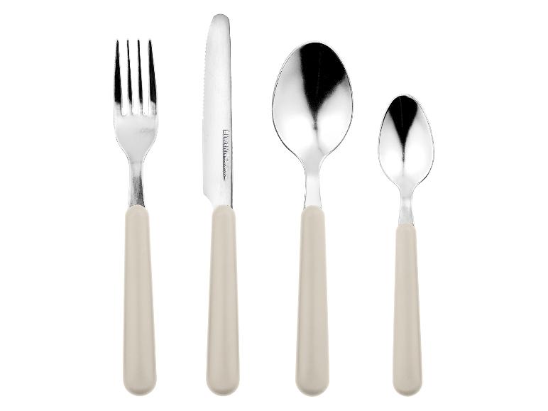 Príbor Livarno Living: vidlička, nôž, lyžica a lyžička v béžovej farbe.