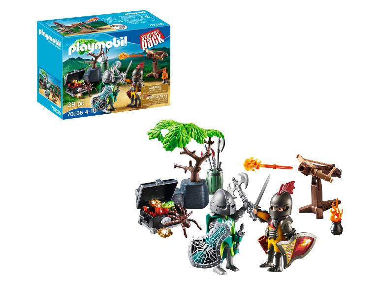Figurky rytierov Playmobil s pokladnicou, pavúkom, kušou a ďalším príslušenstvom.