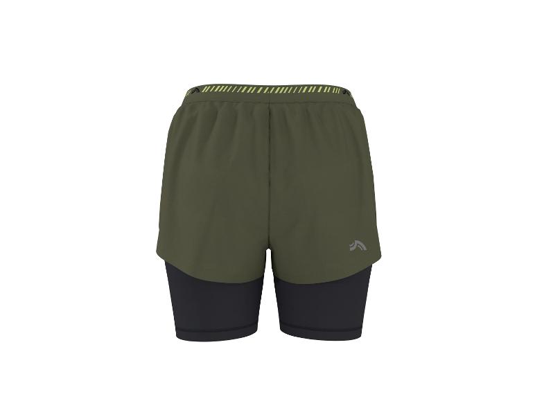 Pánske športové šortky 2v1 v khaki farbe s čiernymi legínami a neónovým pásom.