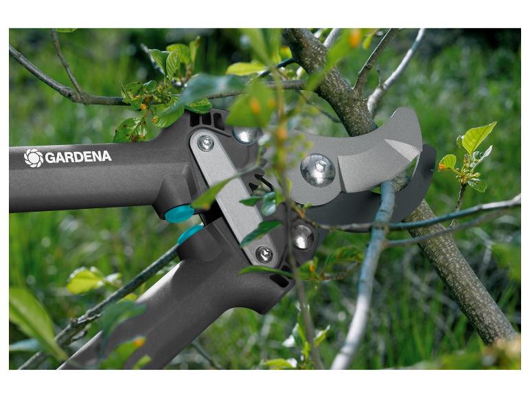 Záhradné nožnice GARDENA strihajú konár stromu so zelenými listami.