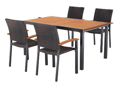 LIVARNO® Hliníkový záhradný stôl Valencia, 143 – 194,5 x 90 x 74 cm + Stohovateľná stolička Valencia, hnedá, 4 kusy