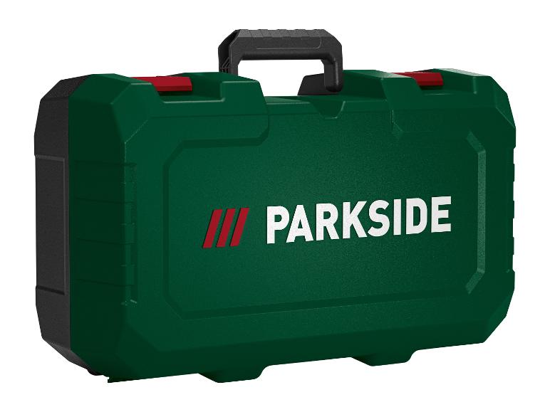 Zelený kufor na náradie Parkside s čiernymi rúčkami a červenými uzávermi.