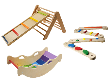 lupilu® Rebrík a šmýkačka 2 v 1 Premium + Trojuholníková preliezka Premium + Balančné rameno Premium + Balančná hojdačka Premium