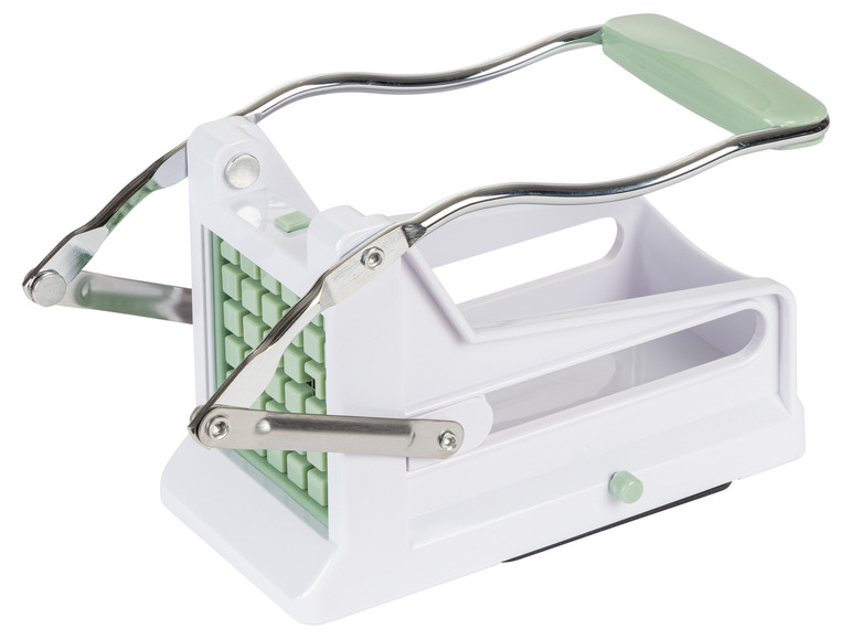 Biely krájač na hranolky s zelenou rukoväťou