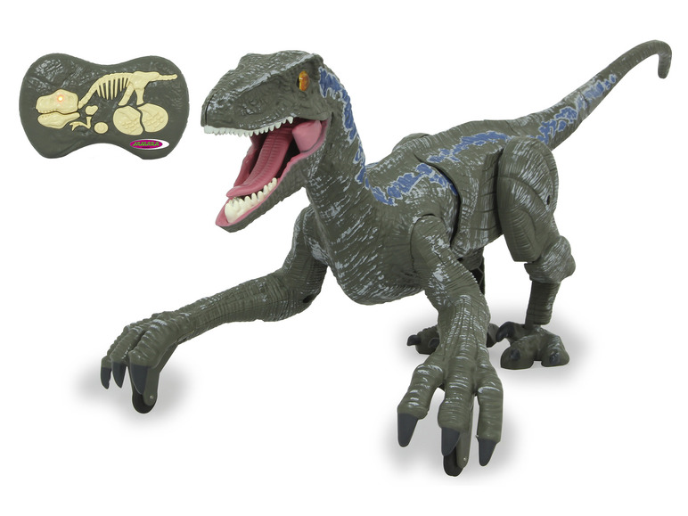 Zelený, otočný hračkársky velociraptor s ovládačom