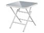 Biely skladací stolík so sivou doskou.