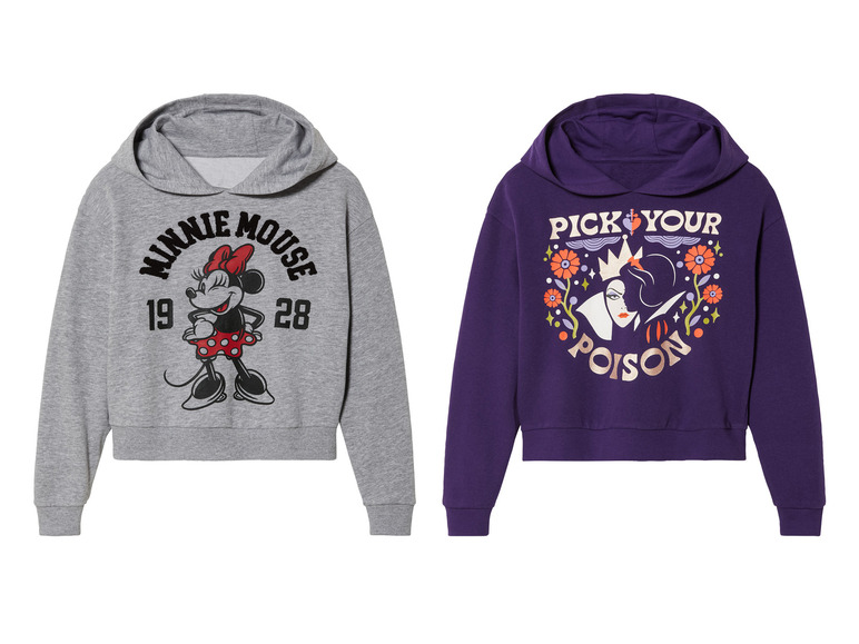 Dve Disney mikiny s kapucňou, jedna s Minnie Mouse a druhá so Zlou kráľovnou.