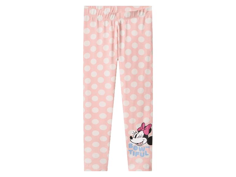 Ružové bodkované legíny Minnie Mouse s textom „BOW-TIFUL“.