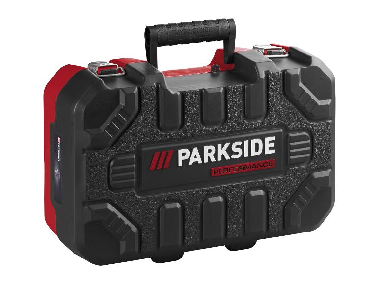 Čierno-červený kufor na náradie Parkside Performance s rukoväťou.