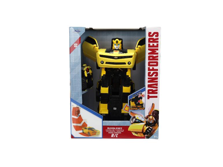 Žltá hračka Transformers Bumblebee v krabici, s funkciou rádiového ovládania.