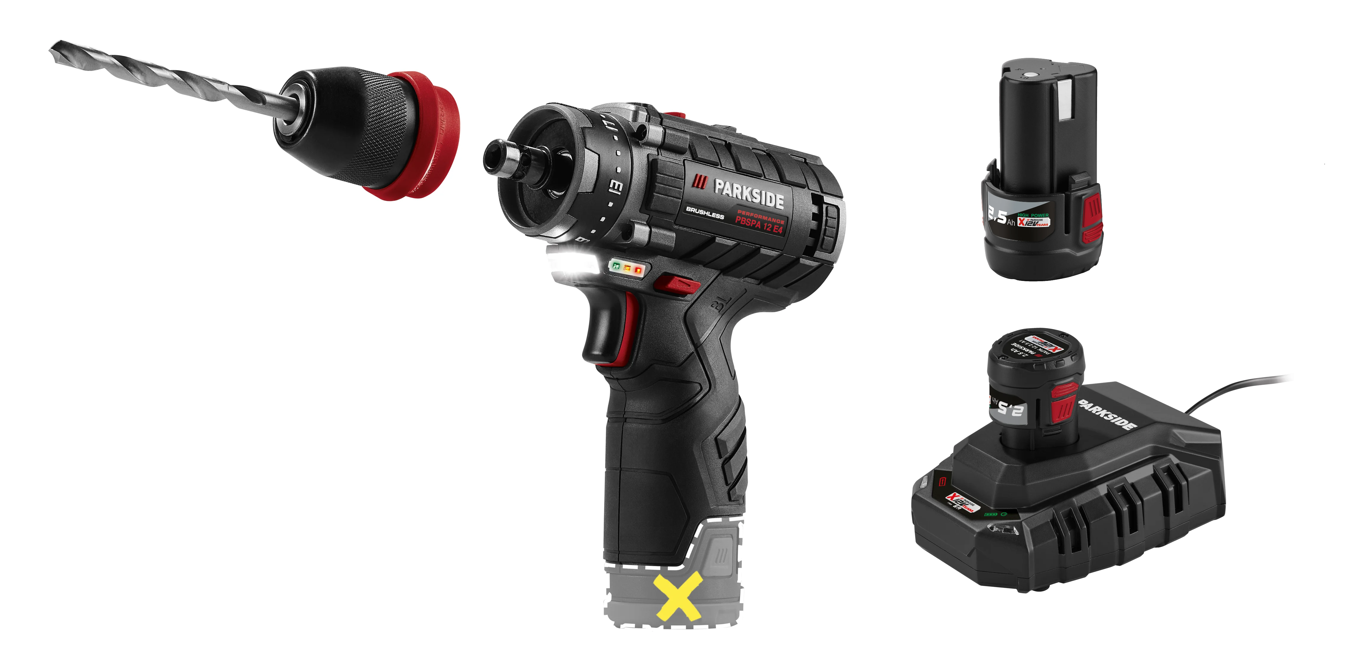 PARKSIDE PERFORMANCE® Aku vŕtací skrutkovač PBSPA 12 E4 + Akumulátor 12 V/2,5 Ah PAPK 12 2.5 B1, 2 kusy + Nabíjačka 6 A PLGK 12 6.0 B1