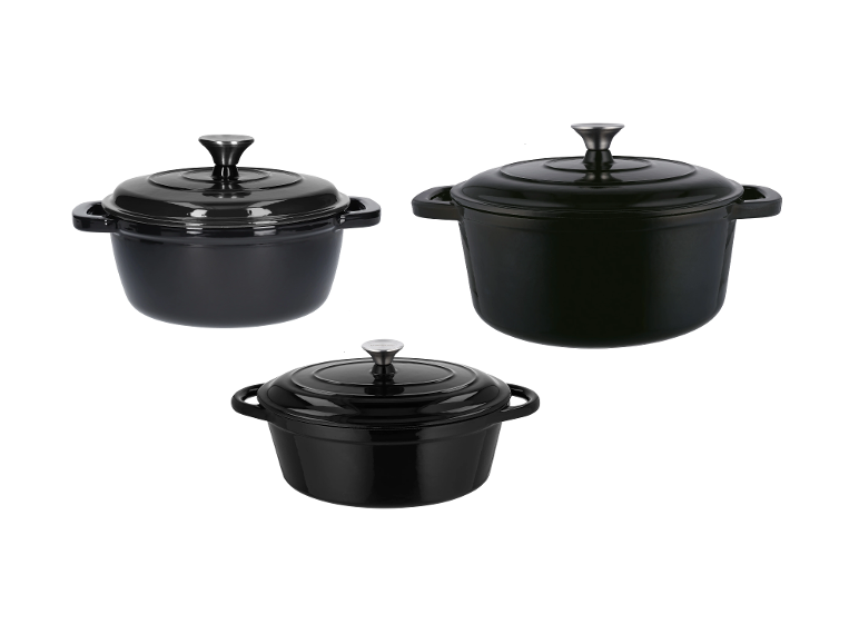 SILVERCREST® Liatinový hrniec, 2,8 l, čierny + Liatinový hrniec, 5,6 l, čierny + Liatinový pekáč, 4,8 l, čierny