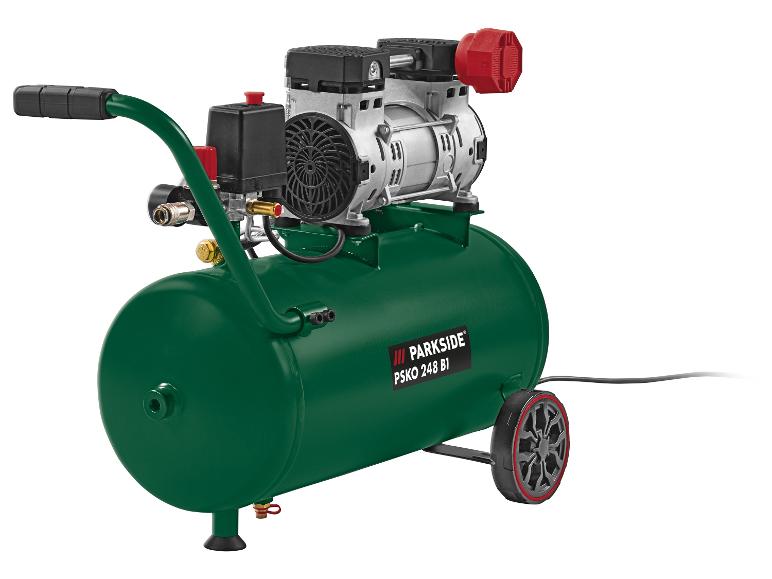 Vzduchový kompresor Parkside PSKO 248 B1 so zelenou nádržou a kolesami