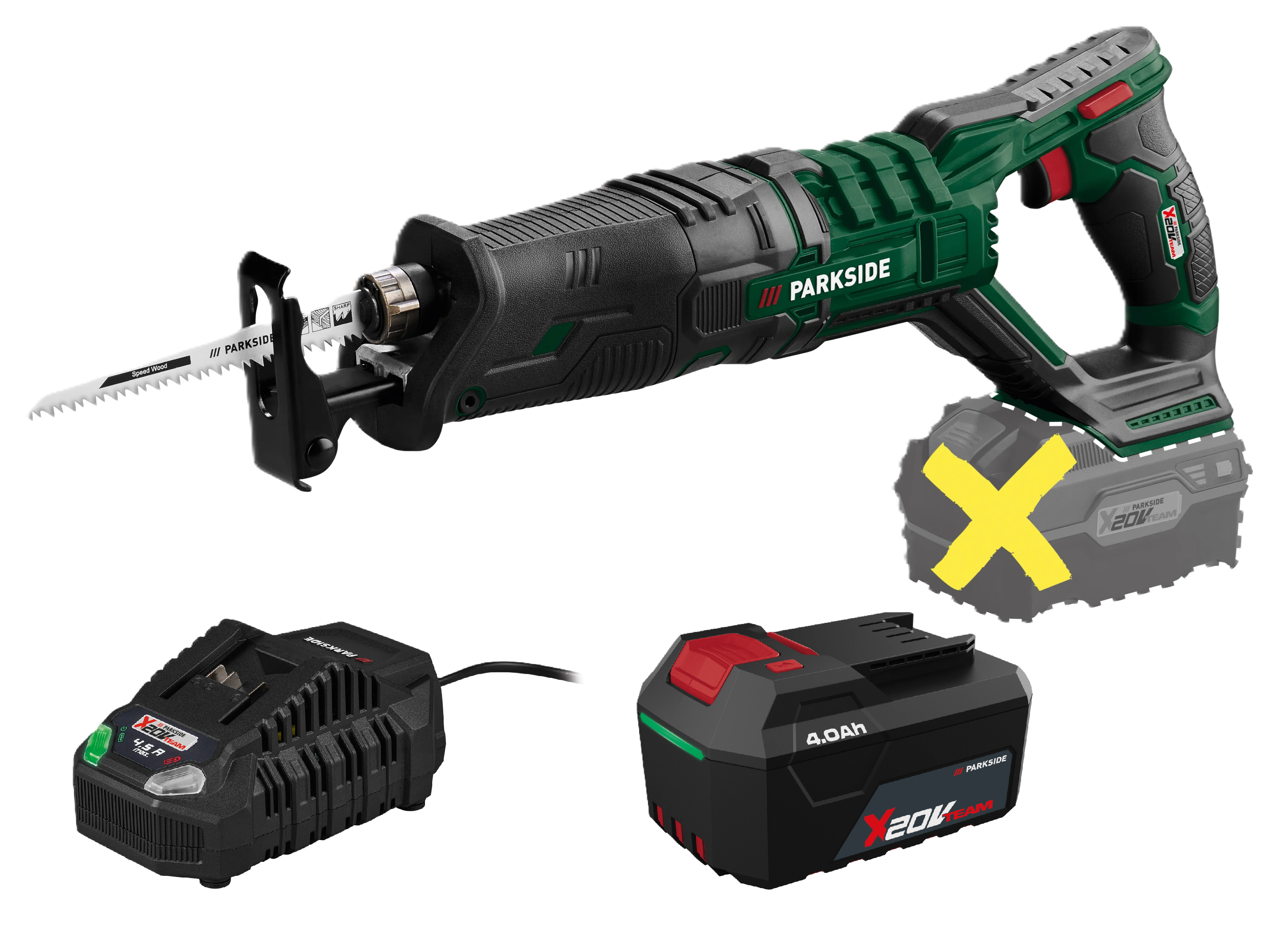 PARKSIDE® Aku chvostová píla 20 V PSSA 20-Li B2 + Akumulátor 20 V/4 Ah + Rýchlonabíjačka 20 V/4,5 A