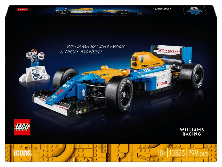 Pretekárske auto LEGO Icons Williams Racing FW14B a minifigúrka Nigela Mansella.