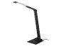 Čierna LED stolná lampa s nastaviteľným ramenom a dotykovým ovládacím panelom na základni.