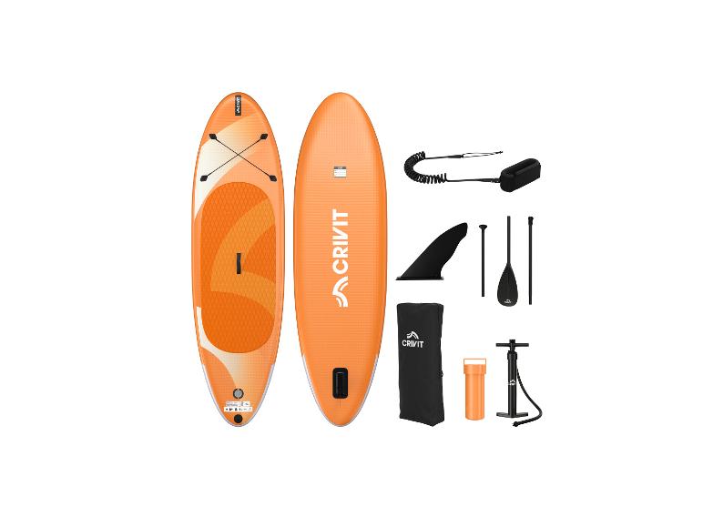 Oranžový nafukovací paddleboard set s pumpou, pádlom, plutvou a príslušenstvom.