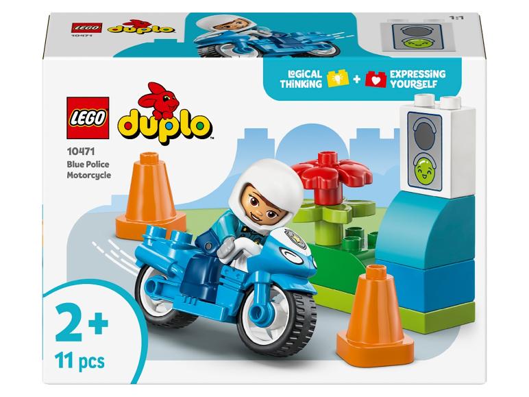 Modrá policajná motorka s figúrkou, dopravnými kužeľmi a semaforom, 11 dielikov, 2+