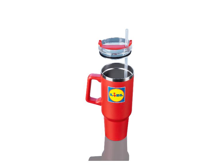 Červený termos pohár Lidl s vekom a slamkou.