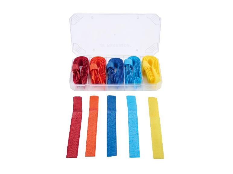 Sada farebných suchých zipsov v krabičke: červená, oranžová, modrá a žltá.