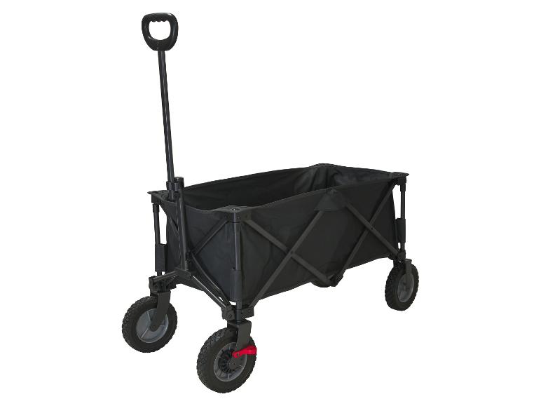 Čierny skladací prepravný vozík so štyrmi kolesami.