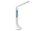 Biela LED stolová lampa s integrovanými hodinami a teplomerom.