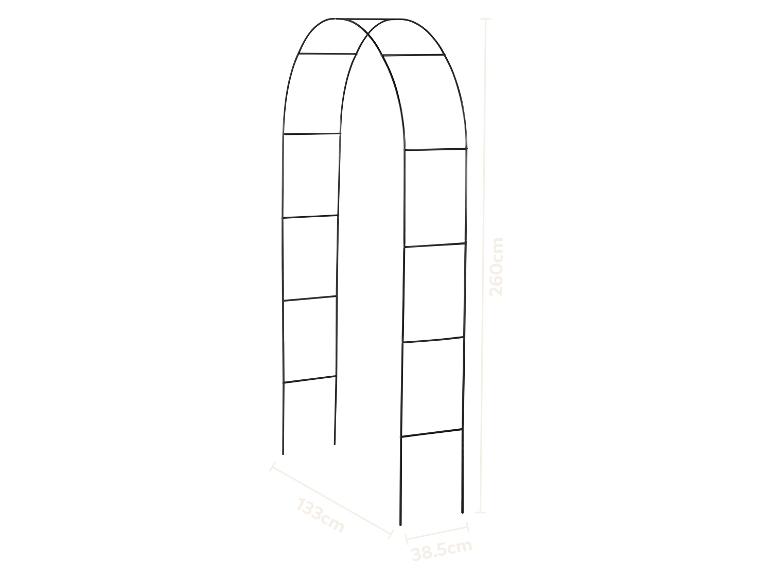 Čierny kovový záhradný oblúk s rozmermi 260 cm (výška), 133 cm (šírka) a 38,5 cm (hĺbka).