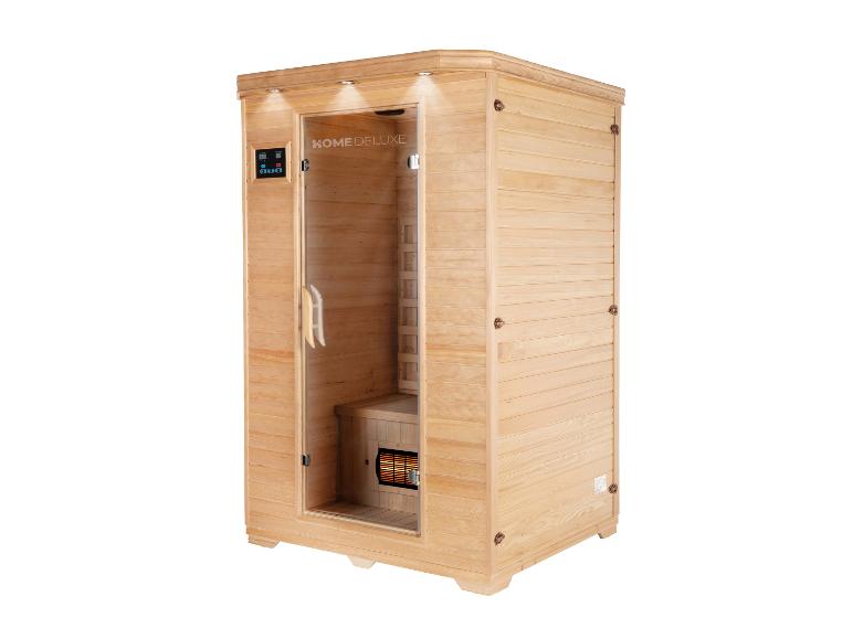 Infrasauna HOME DELUXE zo svetlého dreva so sklenenými dverami a ovládacím panelom.