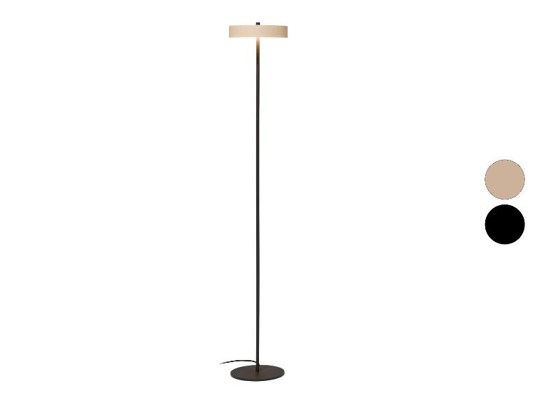 Moderná stojacia lampa s čiernym stojanom a béžovým kruhovým tienidlom, s farebnými možnosťami.