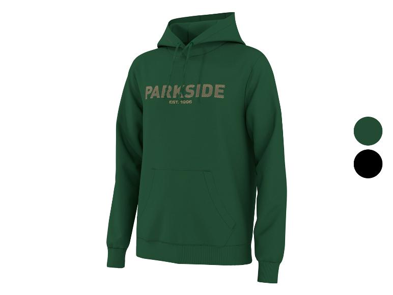 Zelená mikina s kapucňou s nápisom „PARKSIDE EST. 1996“ a dvoma vzorkami farieb.