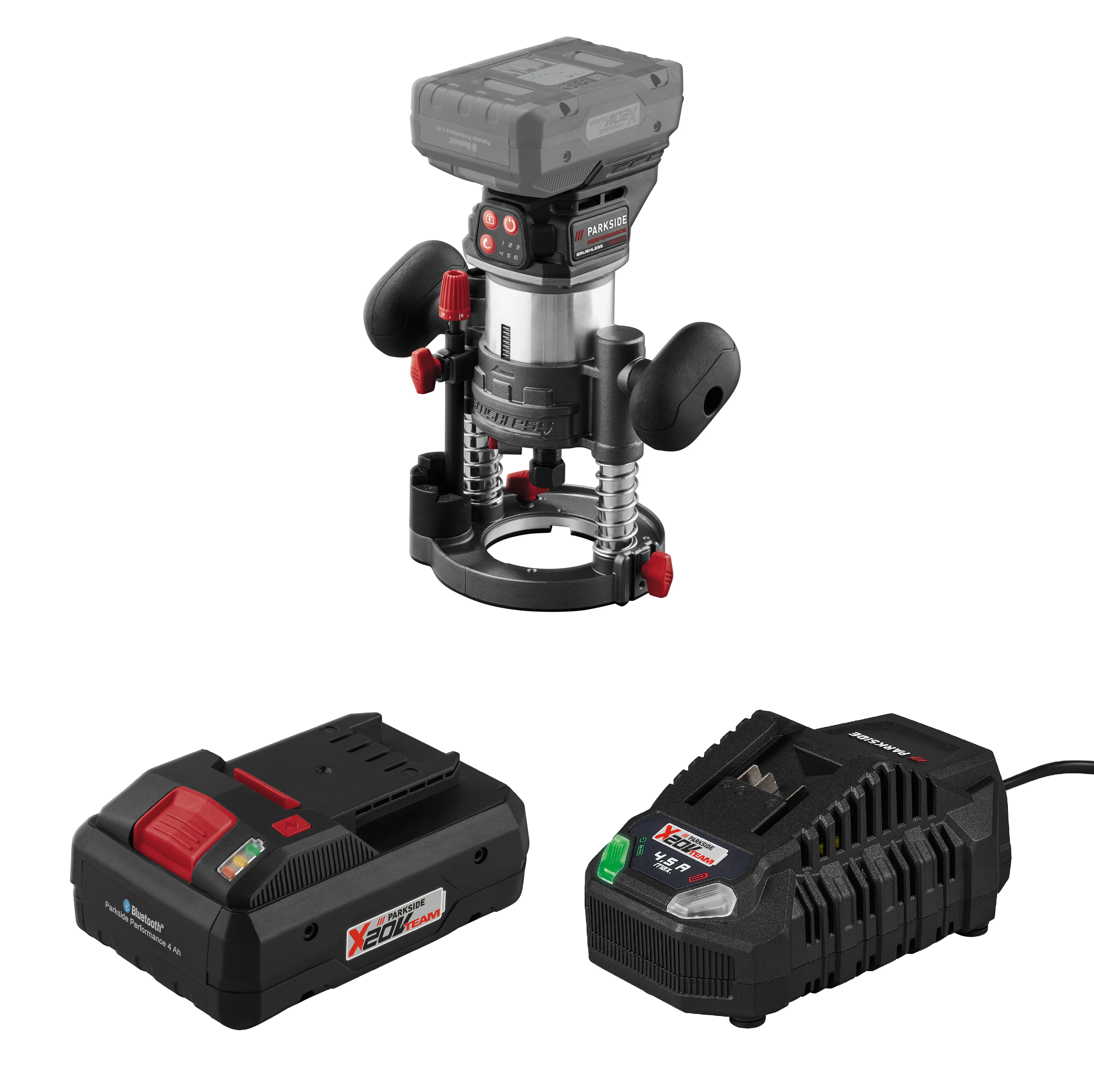PARKSIDE PERFORMANCE® Aku multifunkčná fréza 3 v 1 PMFAP 20-Li B2 + Smart akumulátor 20 V/4 Ah + Rýchlonabíjačka akumulátora 20 V/4,5 A