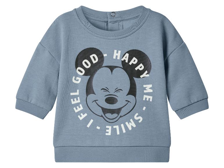 Modrá detská mikina s motívom Mickey Mouse a nápisom „I FEEL GOOD - HAPPY ME - SMILE“.