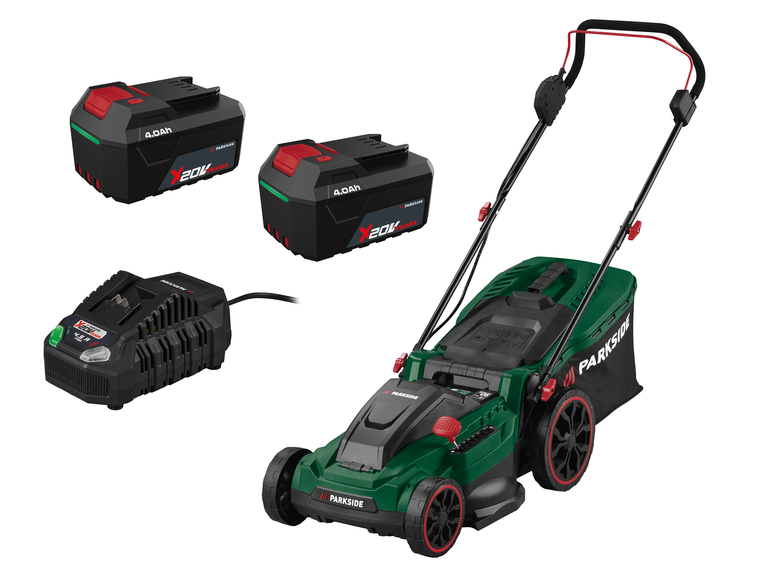 PARKSIDE® Aku kosačka na trávu 40 V PARM 41 A1 + Akumulátor 20 V/4 Ah PAP 204 A1, 2 kusy + Rýchlonabíjačka 20 V/4,5A PLG 20 C3