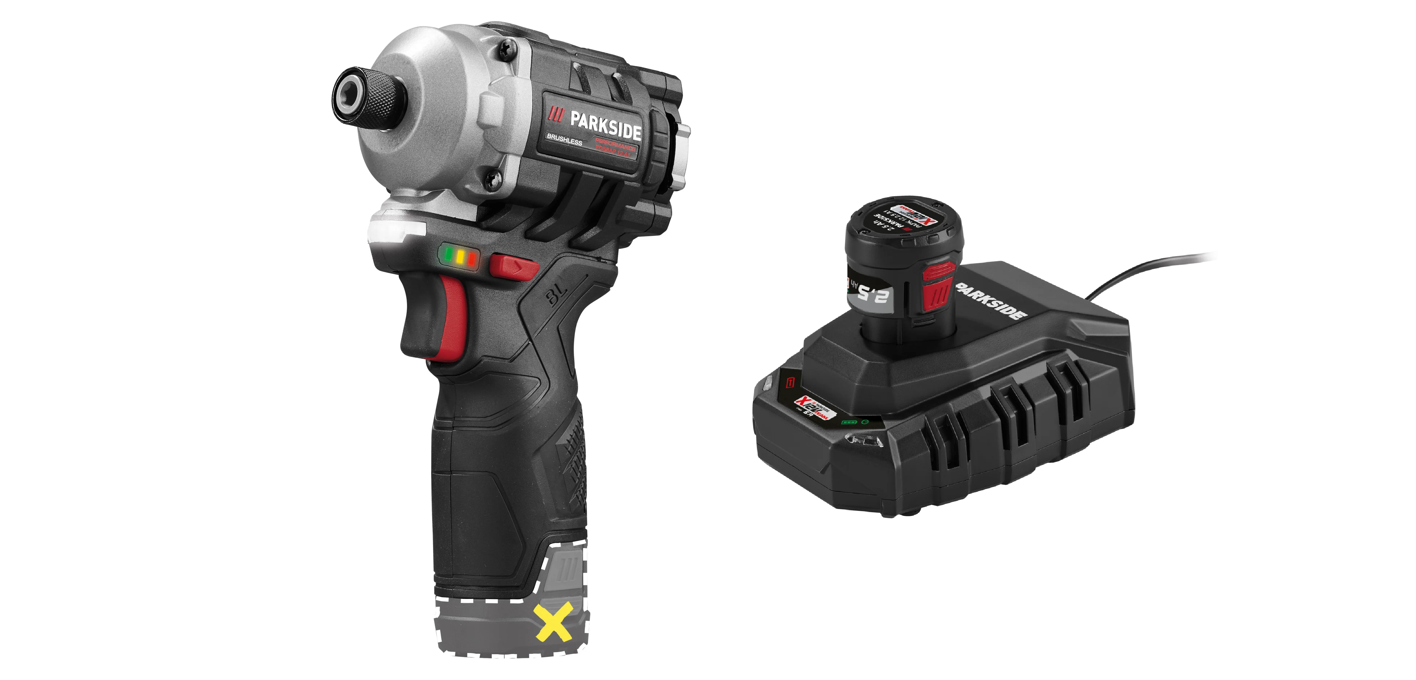 PARKSIDE PERFORMANCE® Aku rázový uťahovák 12 V PDSSAP 12 A1 + Akumulátor 12 V/2,5 Ah PAPK 12 2.5 B1 + Nabíjačka 6 A PLGK 12 6.0 B1