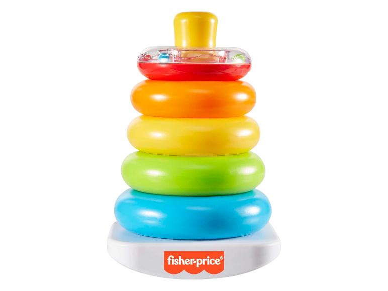 Fisher-Price stohovateľná hračka s farebnými krúžkami a hrkálkou na vrchnom krúžku.